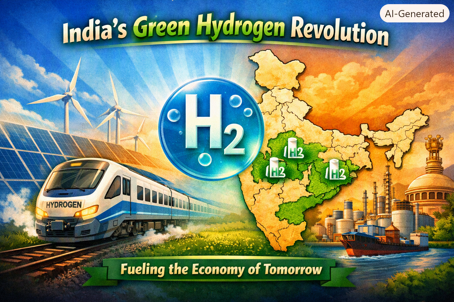 India’s Green Hydrogen Revolution banner showing hydrogen train, solar panels, wind turbines, H₂ symbol, and India map with hydrogen hubs