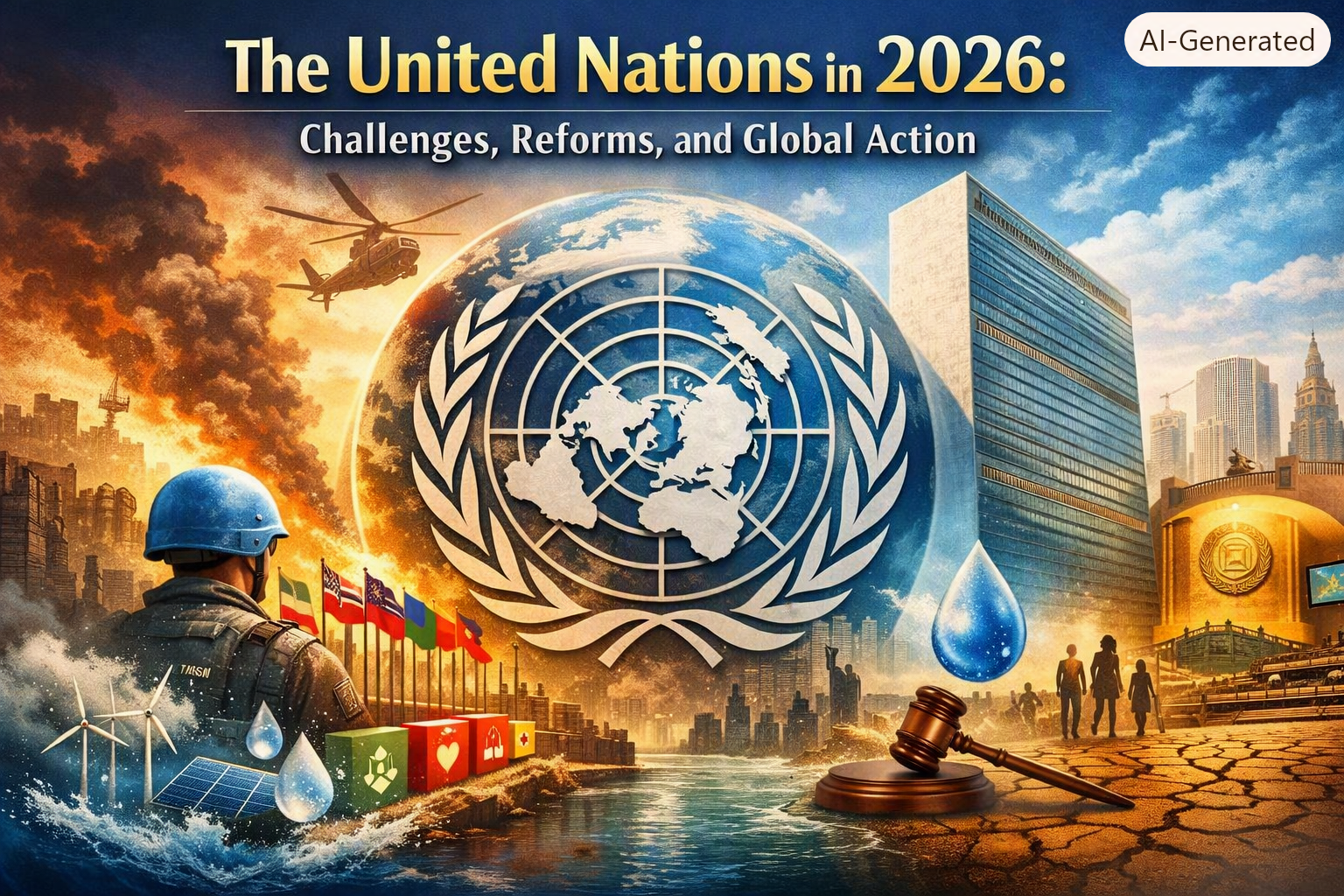 United Nations 2026 banner showing UN headquarters, global emblem, peacekeeping, SDGs, and General Assembly