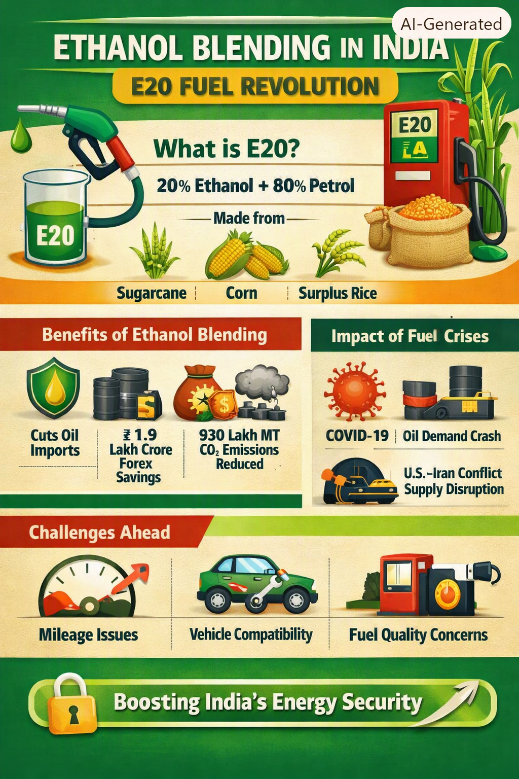 Infographic showing India’s E20 fuel revolution with ethanol blending benefits, forex savings, reduced CO₂ emissions, farmer income boost, and challenges like mileage and vehicle compatibility, highlighting energy security impact