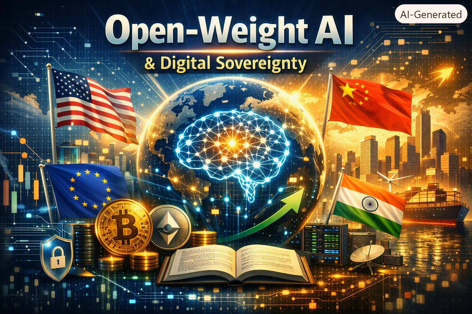 Glowing globe with neural network connections surrounded by flags of major nations, symbolizing global competition for open‑weight AI and digital sovereignty.
