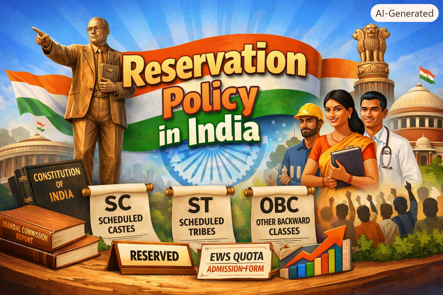 Reservation Policy in India banner showing Ambedkar, Constitution, SC ST OBC scrolls, and EWS quota representation