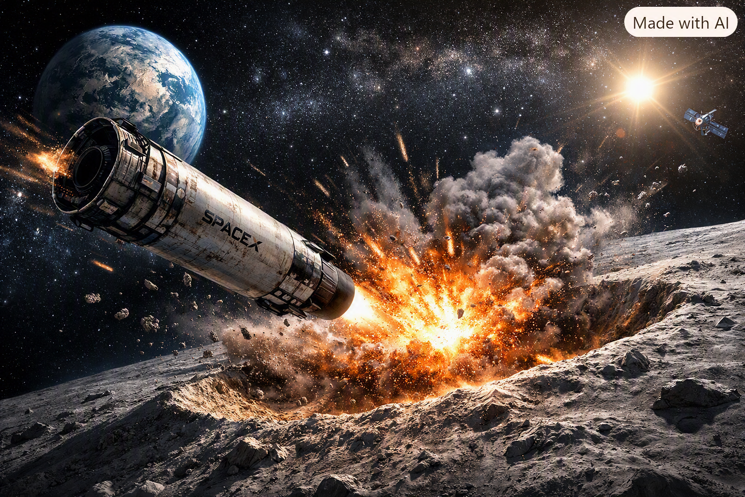 SpaceX Falcon 9 rocket stage crashing into the Moon with fiery explosion and crater formation.