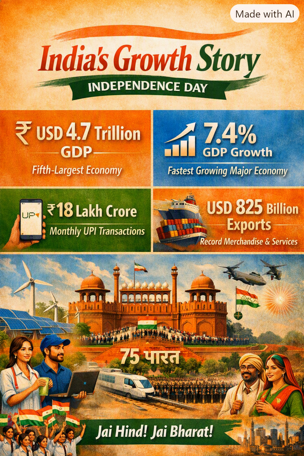 Illustration combining India’s flag, Red Fort, Chandrayaan‑3, digital payments, exports, renewable energy, and citizens celebrating Independence Day to depict India’s growth story.
