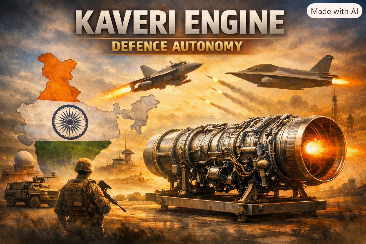 Kaveri engine illustration, Indian flag map, Tejas fighter jet flying, UCAV drone in sky, Indian soldier watching aircraft, defence autonomy concept, indigenous jet engine India, military technology advancement