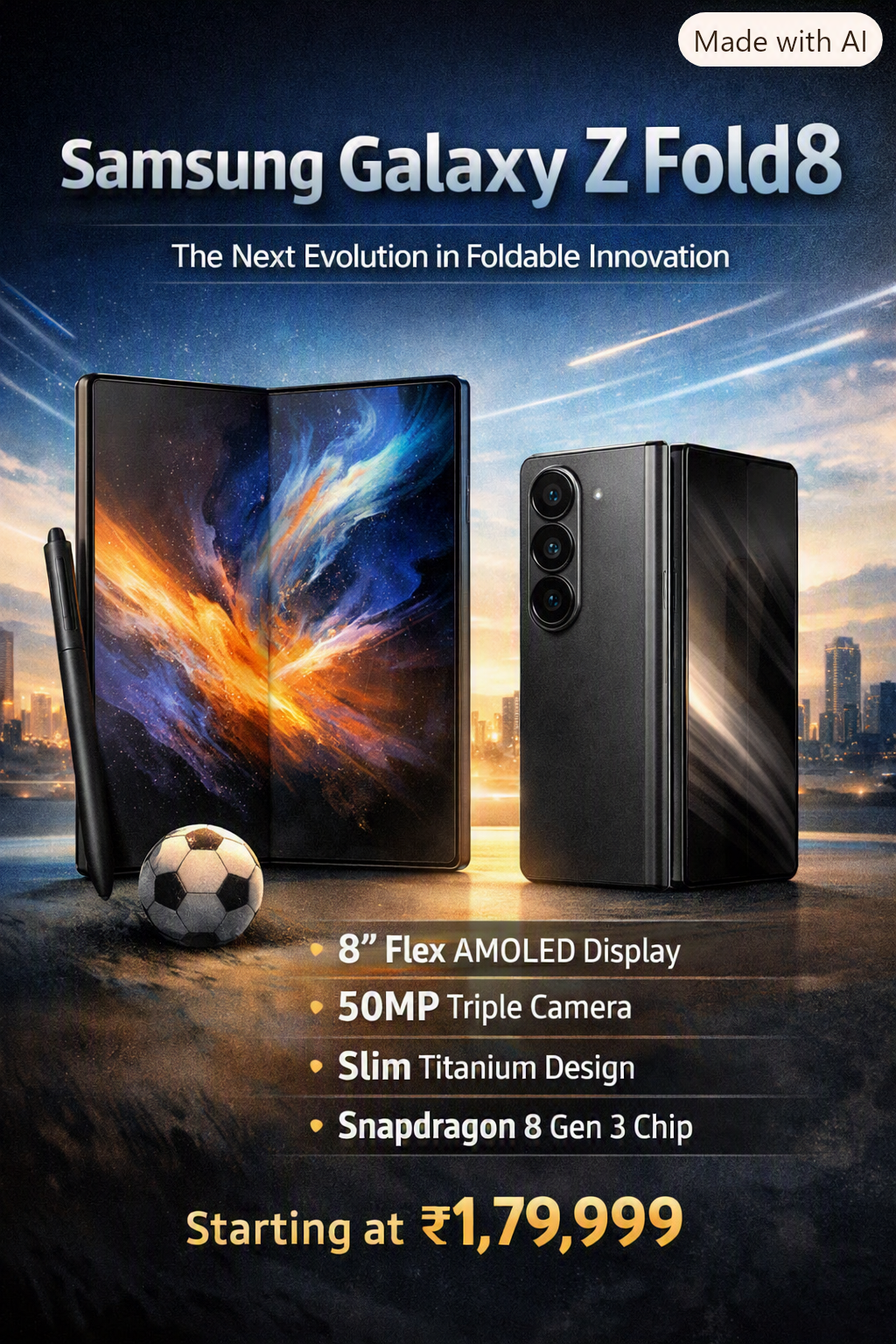 Samsung Galaxy F70 Pro 5G mid‑range smartphone render, Samsung Galaxy Z Fold8 Ultra foldable flagship phone with triple camera and S Pen, Samsung Galaxy Z Fold8 premium foldable display showcase with AMOLED screen, Samsung Galaxy Z Flip8 compact foldable phone open position with purple background