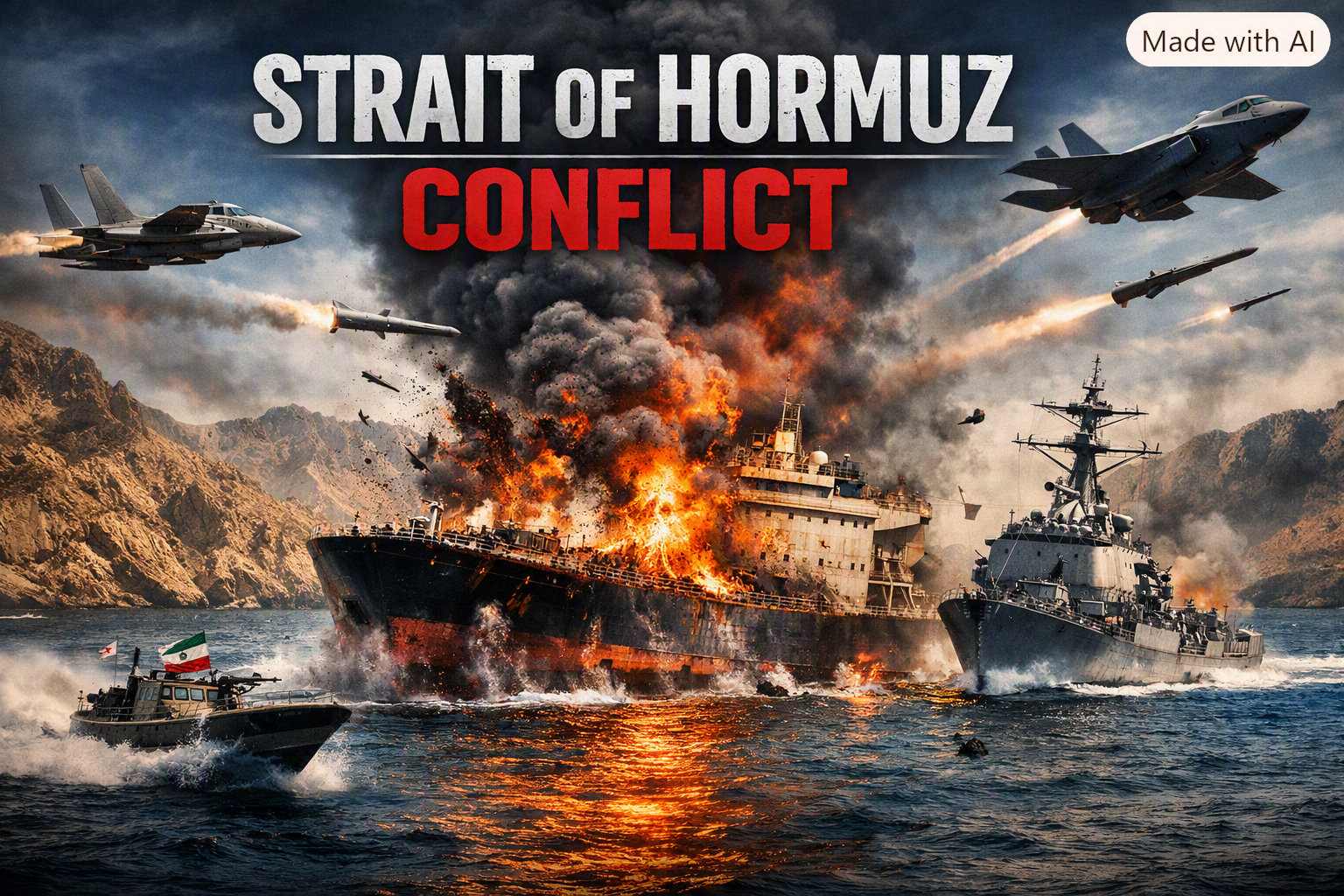 Oil tanker burning in the Strait of Hormuz amid military conflict, with Iranian speedboat, U.S. Navy destroyer, and fighter jets launching missiles under smoky skies